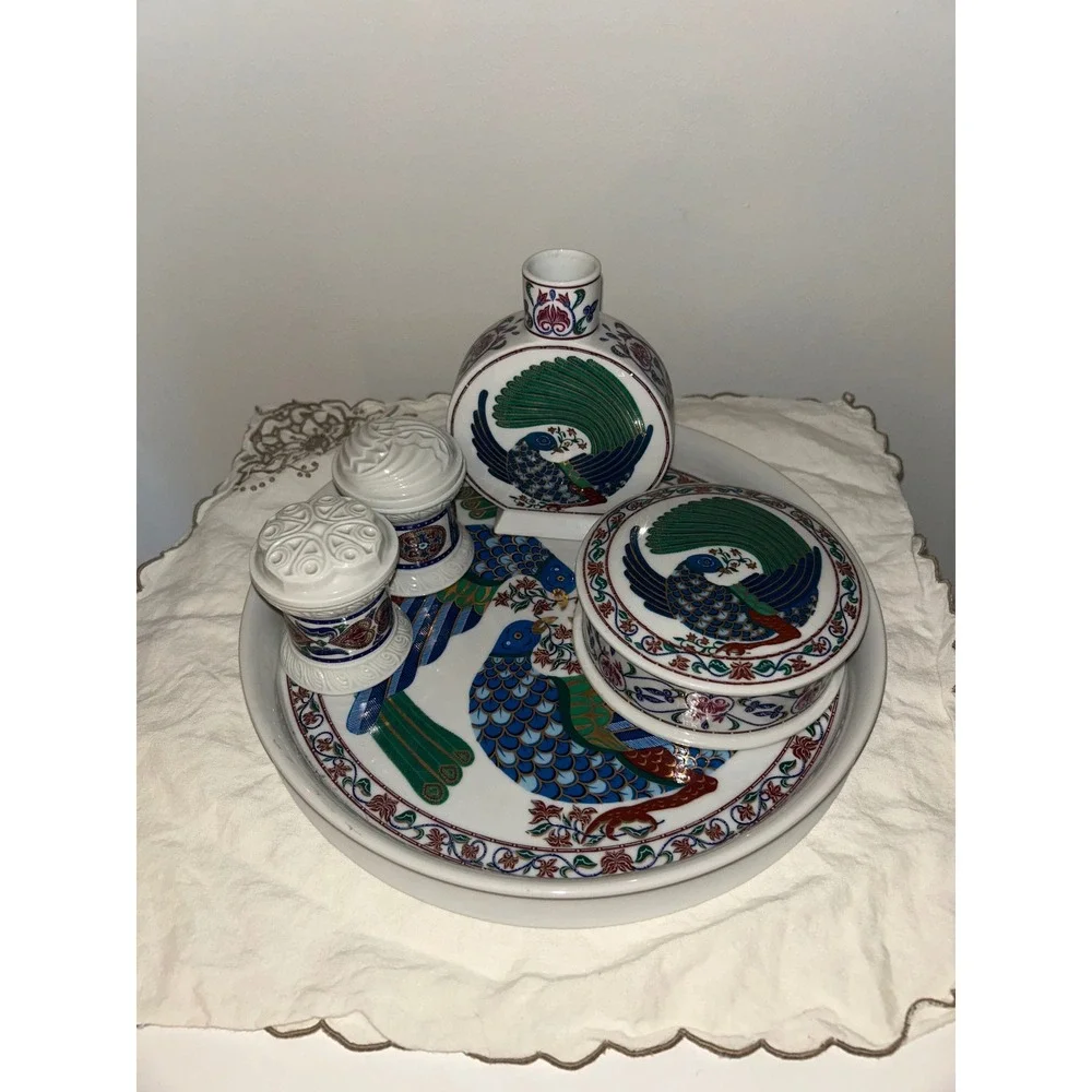 Vintage Byzantium Elizabeth Arden Peacock Vanity Set 5pc Tray Box Vase Japan